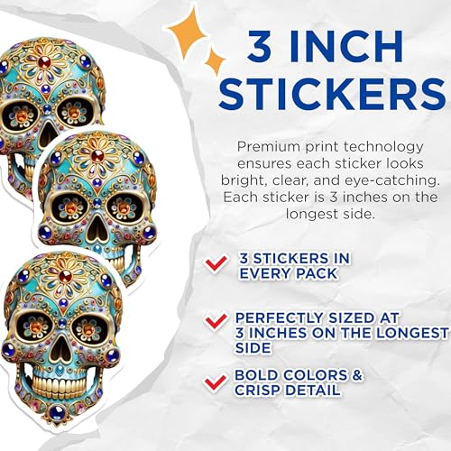 (3 Pack) Sugar Skull Decals - Day of Dead - Ornate Skull Decals - 3 Inches On Longest Side - Easy Peel & Apply - Made in USA - 3MCS7365