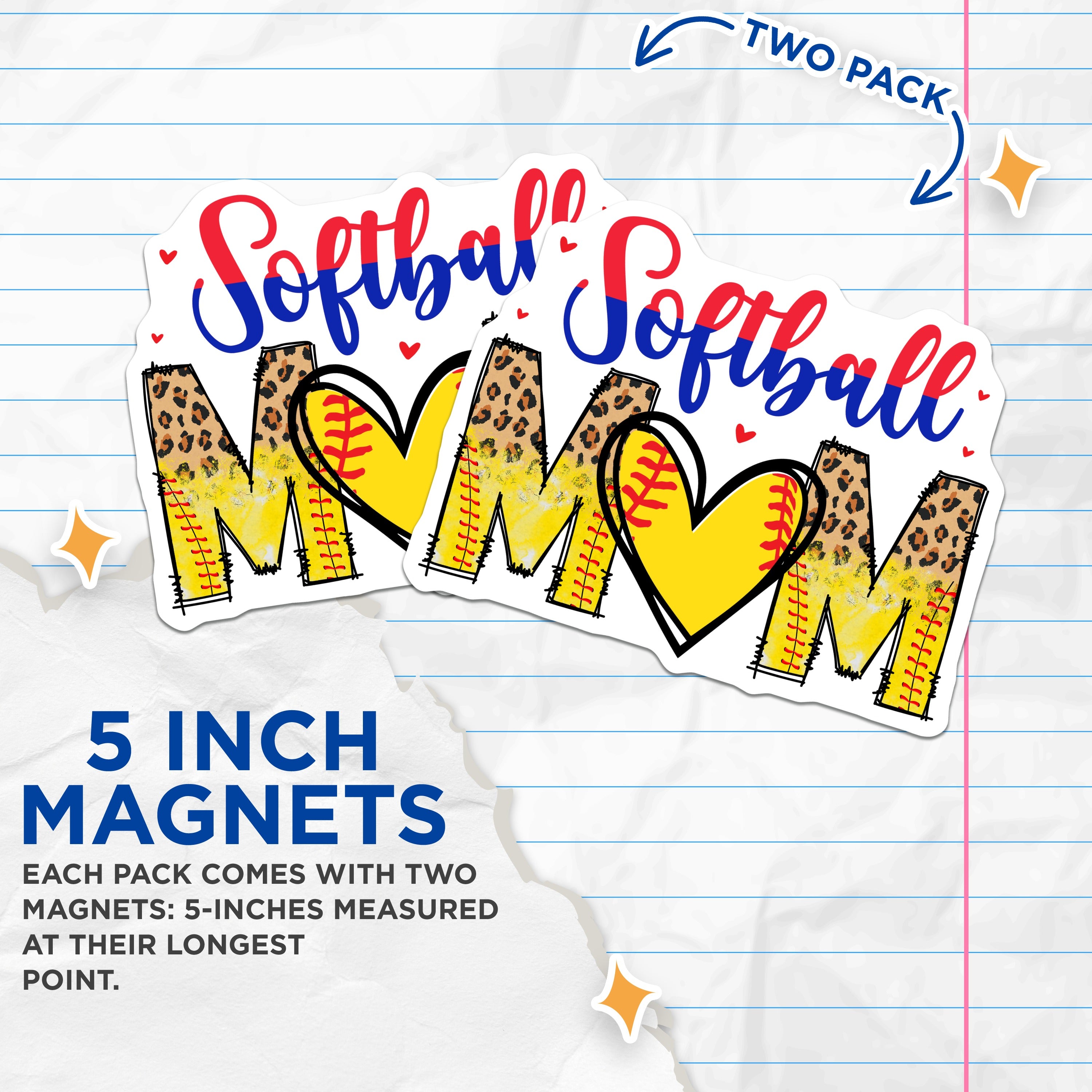(2 Pack) Softball Mom Magnets - Leopard Print Sports Mama - Game Day Accessories - Team Spirit Decor for Her - 5 Inches On Longest Side - Thick Durable Magnet - Made in USA - MAG38257