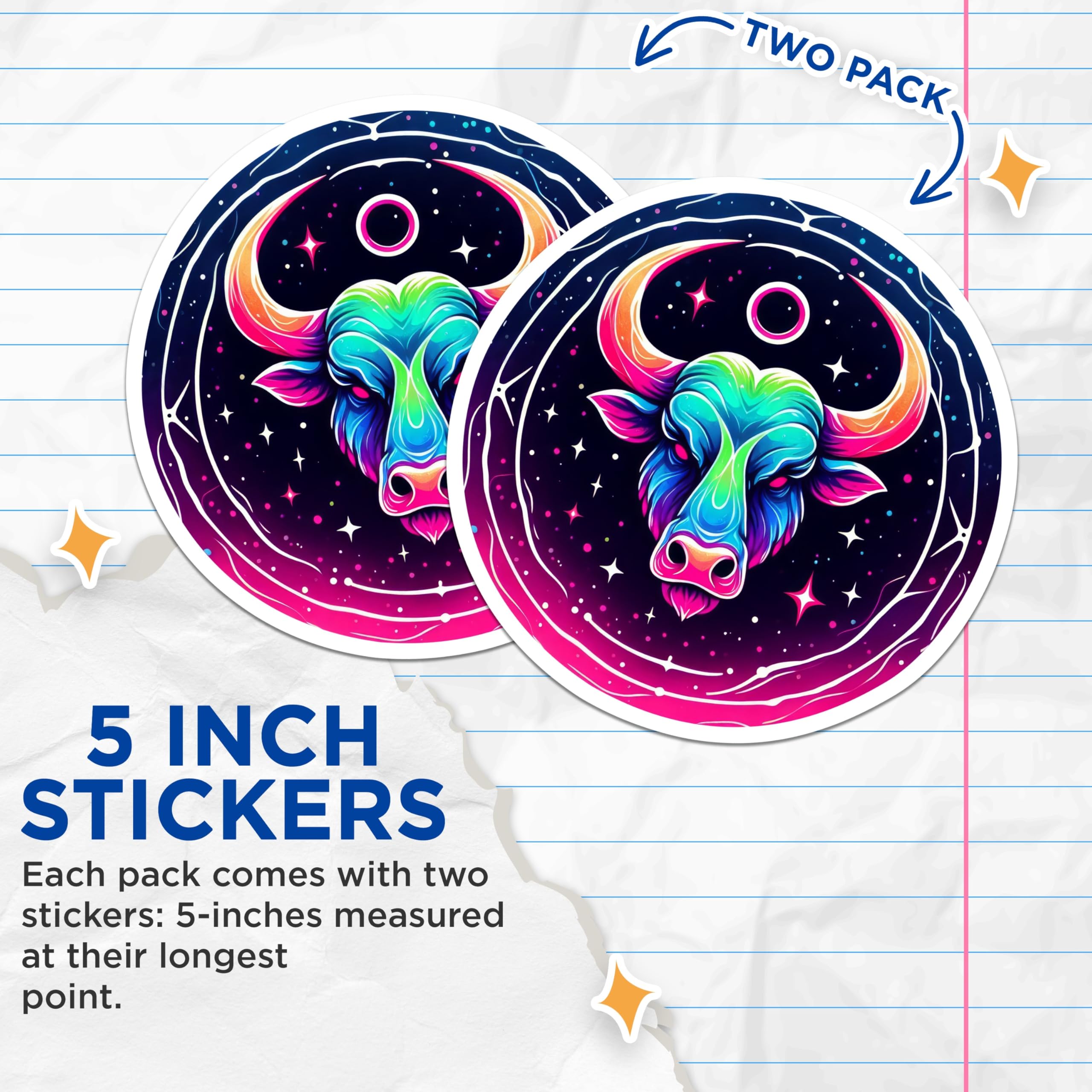 (2 Pack) Taurus Zodiac Stickers - Colorful Astrology Sign - Bull Symbol Decals 5" On Longest Side - Sticks to Smooth Flat Surfaces - Made in USA - BMCS13033