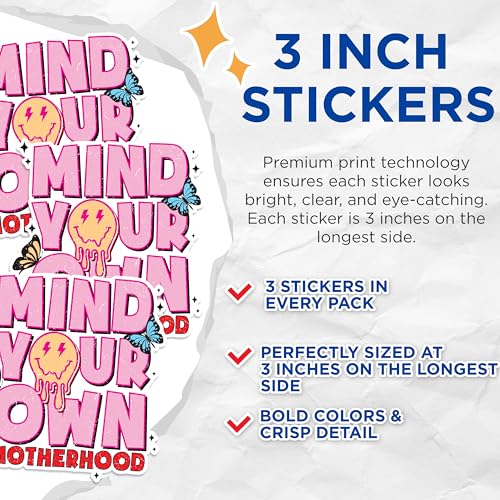 (3 Pack) Mind Your Own Motherhood Decals - Retro Smiley Face - Butterfly Decals - 3 Inches On Longest Side - Easy Peel & Apply - Made in USA - 3MCS1792