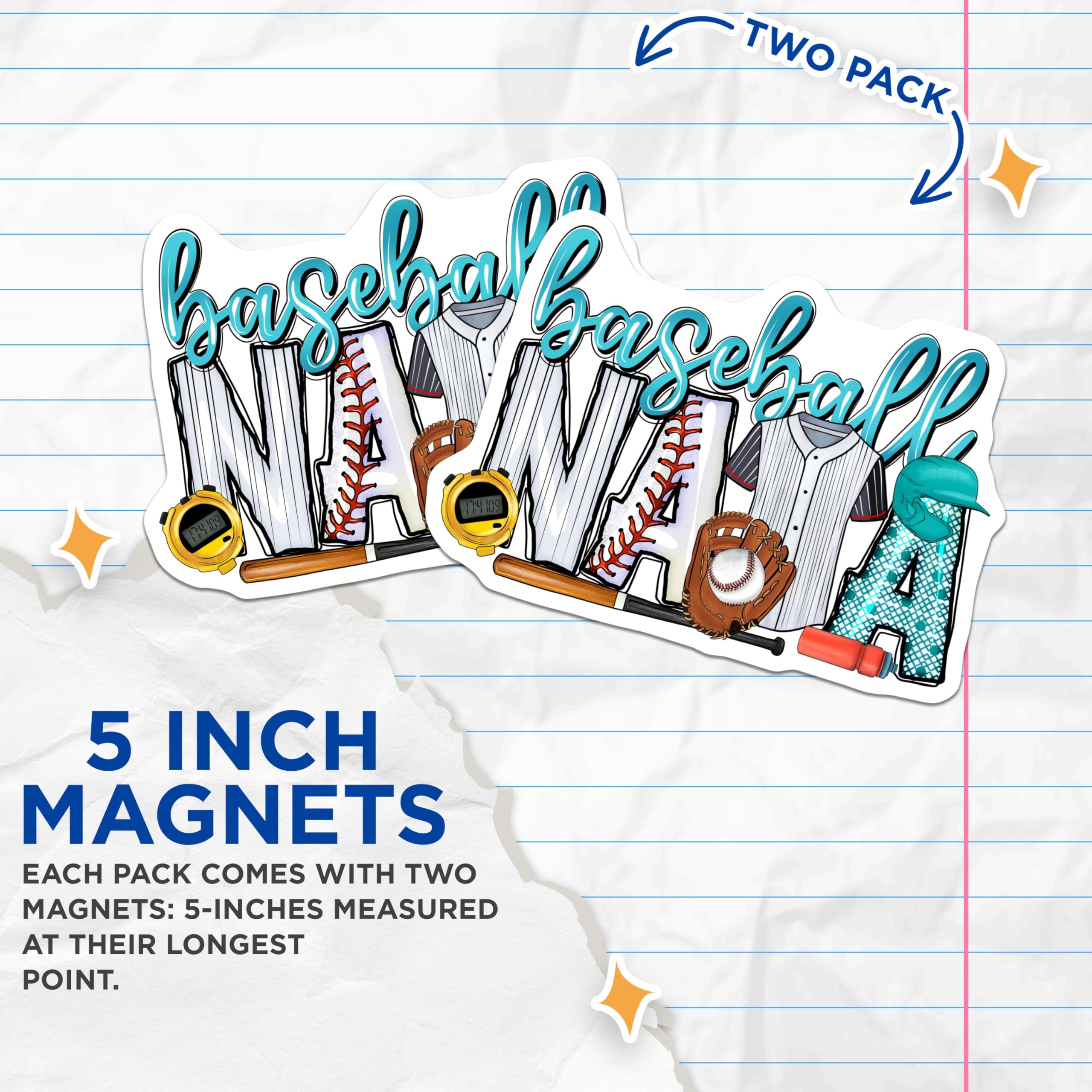 (2 Pack) Baseball Magnets - Sports Fan Refrigerator Decor - Team Player Locker Accessories - 5 Inches On Longest Side - Thick Durable Magnet - Made in USA - MAG24104