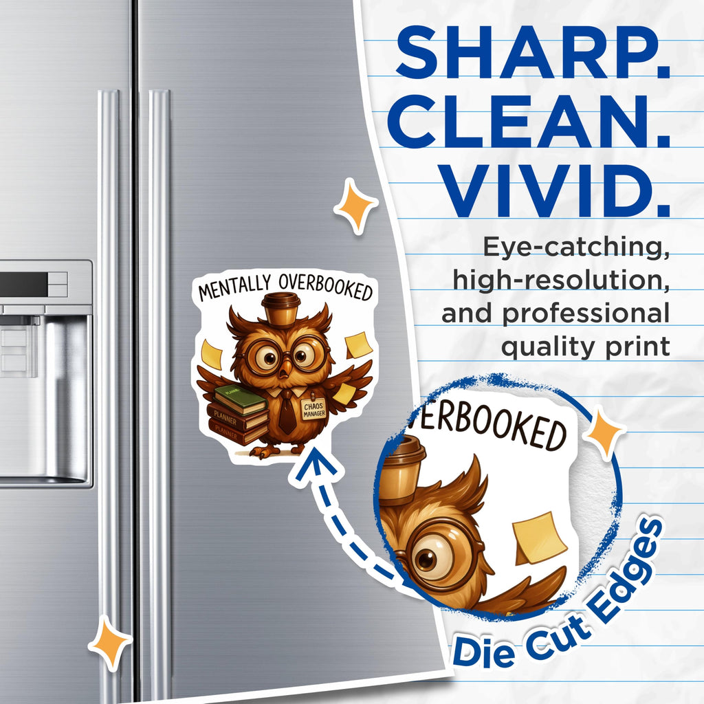 (2 Pack) Mentally Overbooked Owl Magnets - Chaos Manager Humor - Planner Coffee Office Refrigerator Decor - 5 Inches On Longest Side - Thick Durable Magnet - Made in USA - MAG22936