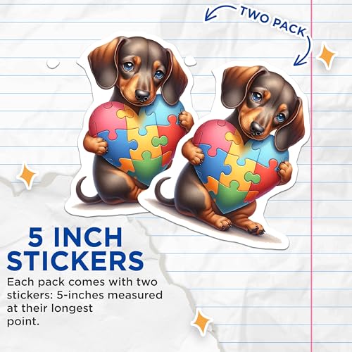 (2 Pack) Cute Dachshund Puzzle Heart Stickers - Puppy Love Decal - Autism Awareness Support Stickers - 5" On Longest Side - Sticks to Smooth Flat Surfaces - Made in USA - BMCS9469