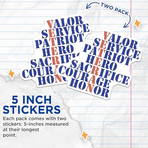(2 Pack) Veteran Valor Service Stickers - Patriot Hero Sacrifice Stickers - Courage Honor Stickers - 5" On Longest Side - Sticks to Smooth Flat Surfaces - Made in USA - BMCS5538