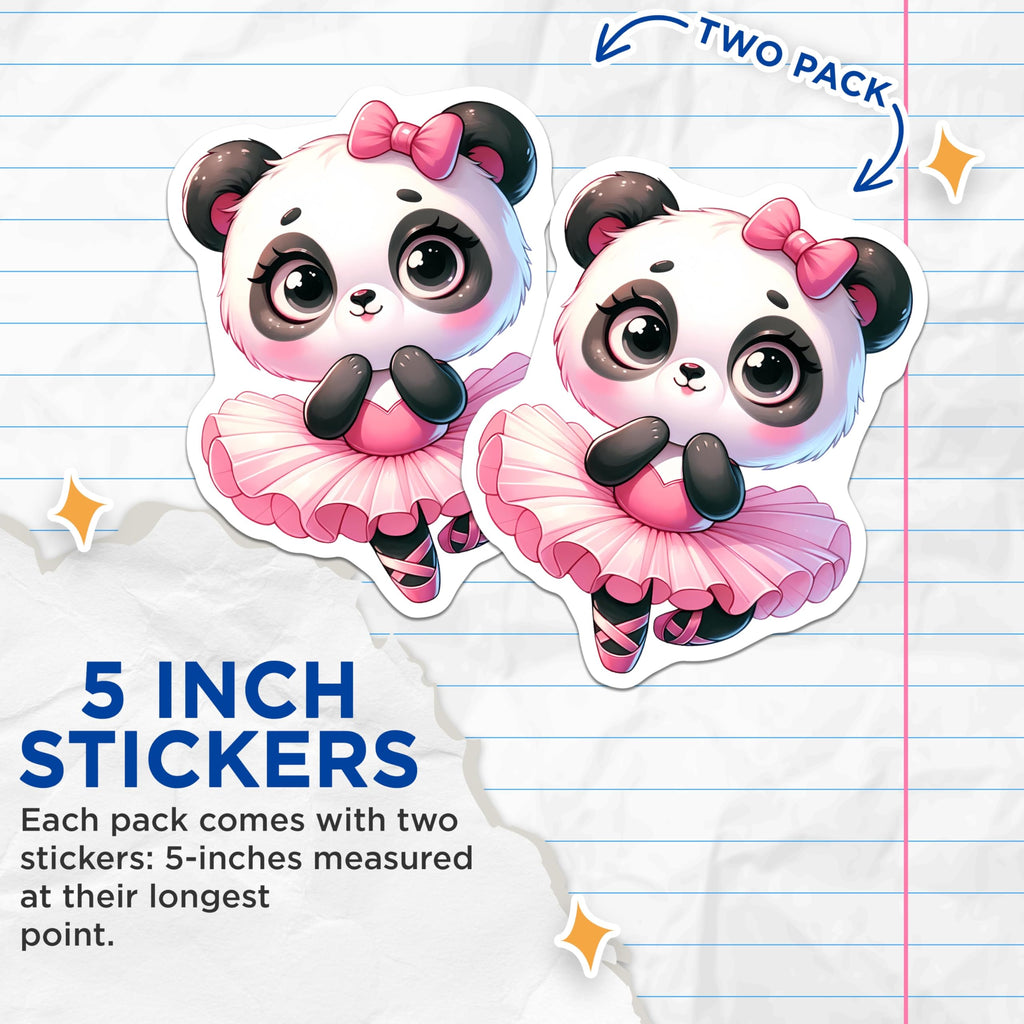 (2 Pack) Cute Panda Ballerina Stickers - Adorable Animal Dance - Kawaii Bear Decal - 5" On Longest Side - Sticks to Smooth Flat Surfaces - Made in USA - BMCS20927