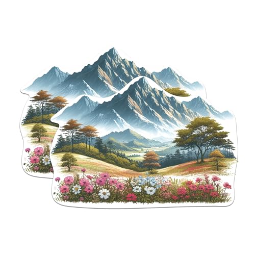 (2 Packs) Mountain Beautiful Scenery Stickers - Nature Outdoorsman Hiking Decals - 5 Inches On Longest Side - Premium Vinyl Decal - Sticks to Any Smooth Flat Surface - Made in USA - BMCS2288