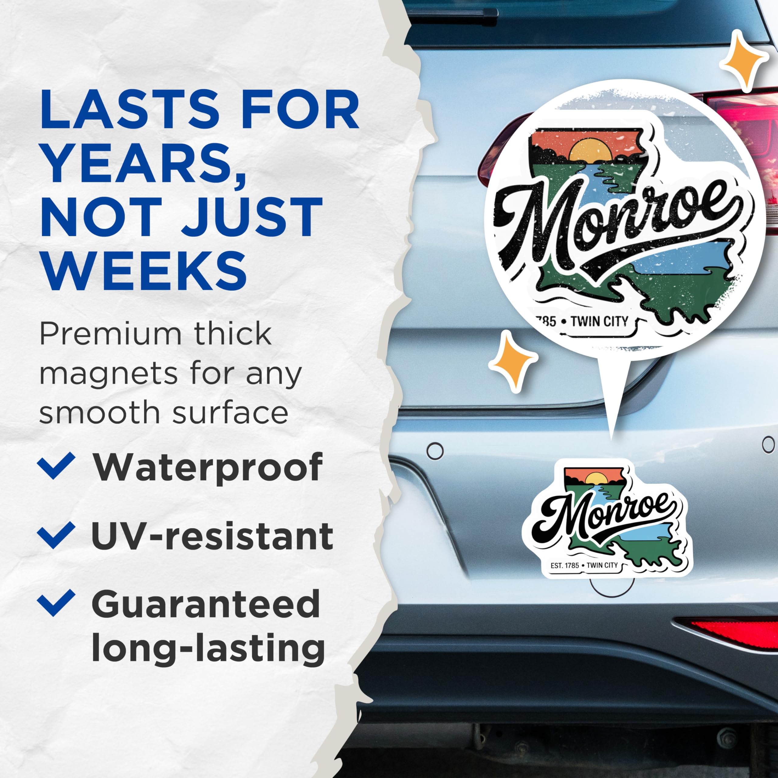 (2 Pack) Monroe Louisiana Magnets - Twin City Souvenir Est 1785 - State Outline River Sunset Scene Magnets - 5 Inches On Longest Side - Thick Durable Magnet - Made in USA - MAG19486