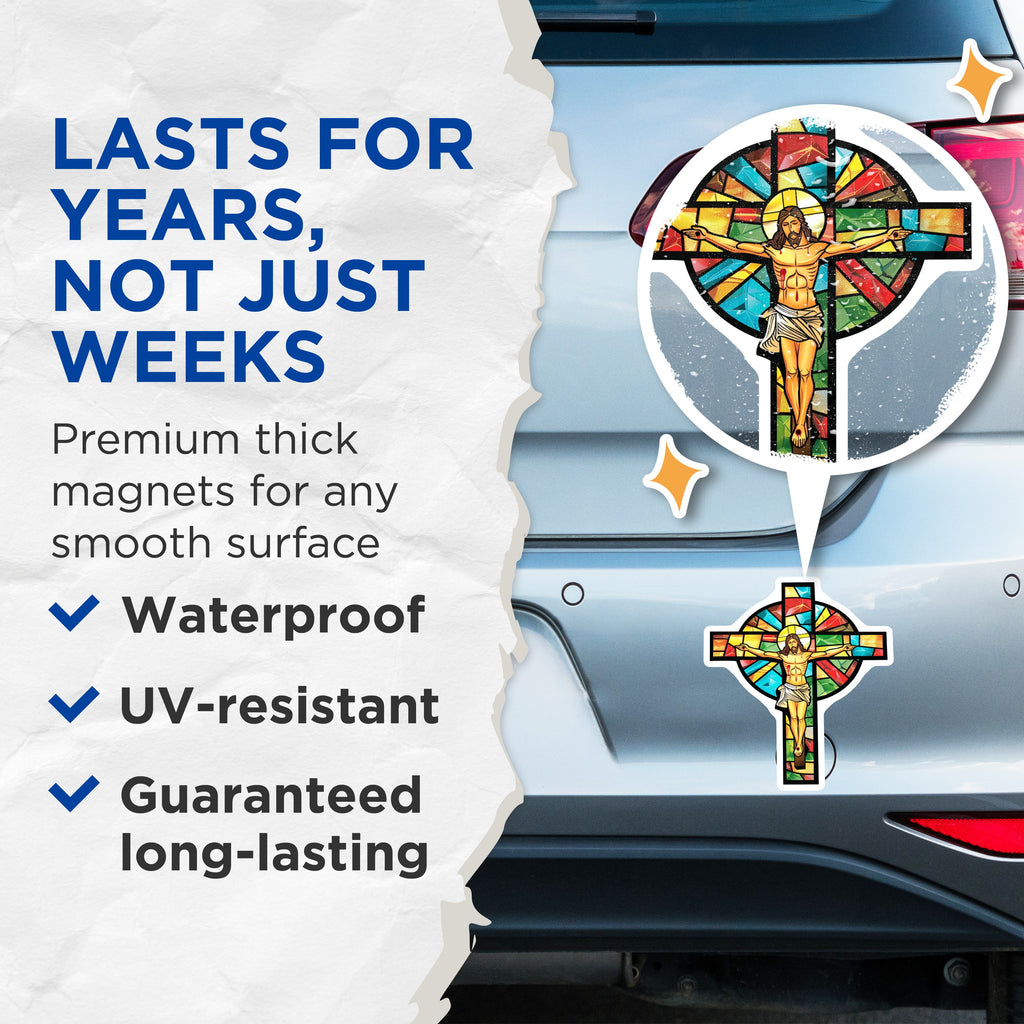 (2 Pack) Stained Glass Jesus Magnets - Christian Cross Refrigerator Decor - Catholic Faith Adornment - 5 Inches On Longest Side - Thick Durable Magnet - Made in USA - MAG39421