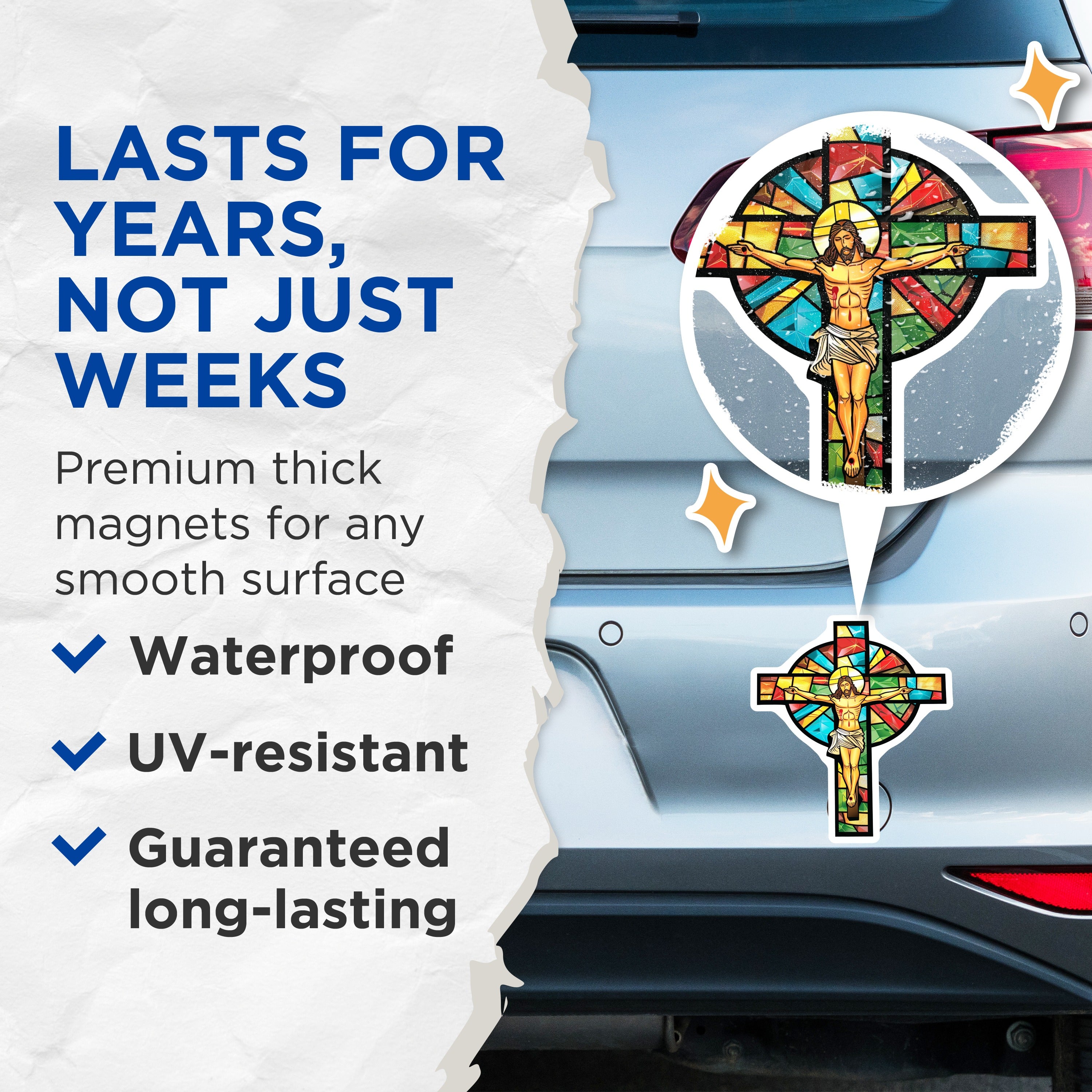 (2 Pack) Stained Glass Jesus Magnets - Christian Cross Refrigerator Decor - Catholic Faith Adornment - 5 Inches On Longest Side - Thick Durable Magnet - Made in USA - MAG39421