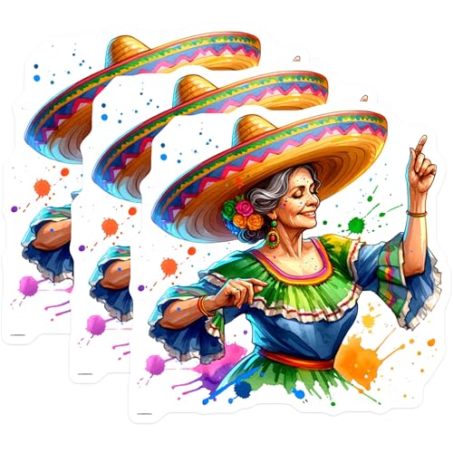 (3 Pack) Mexican Fiesta Decals - Dancing Woman - Sombrero Decals - 3 Inches On Longest Side - Easy Peel & Apply - Made in USA - 3MCS7401