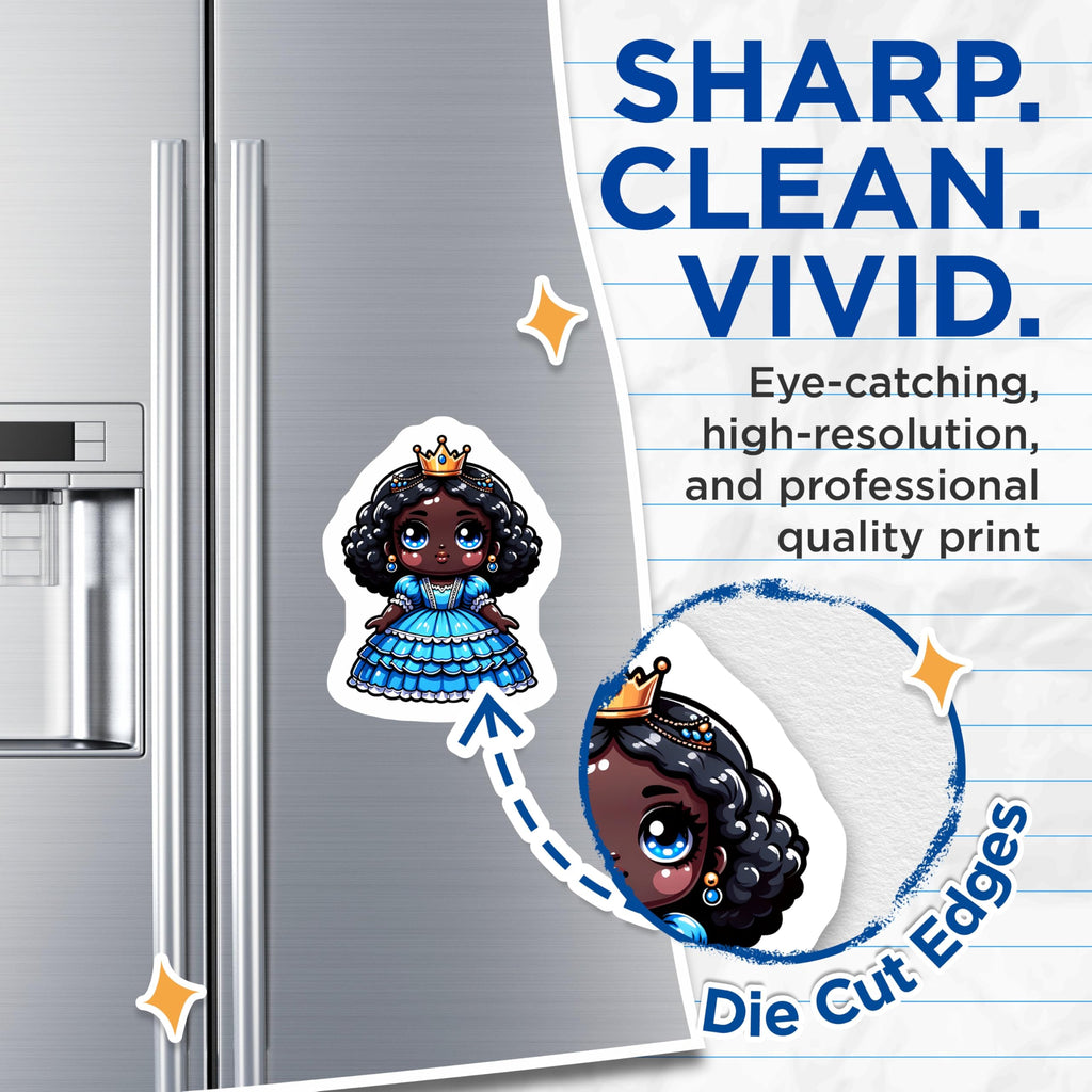 (2 Pack) Cute Black Princess Magnets - African American Royal Girl Decor - Chibi Crowned Queen Art - 5 Inches On Longest Side - Thick Durable Magnet - Made in USA - MAG21504