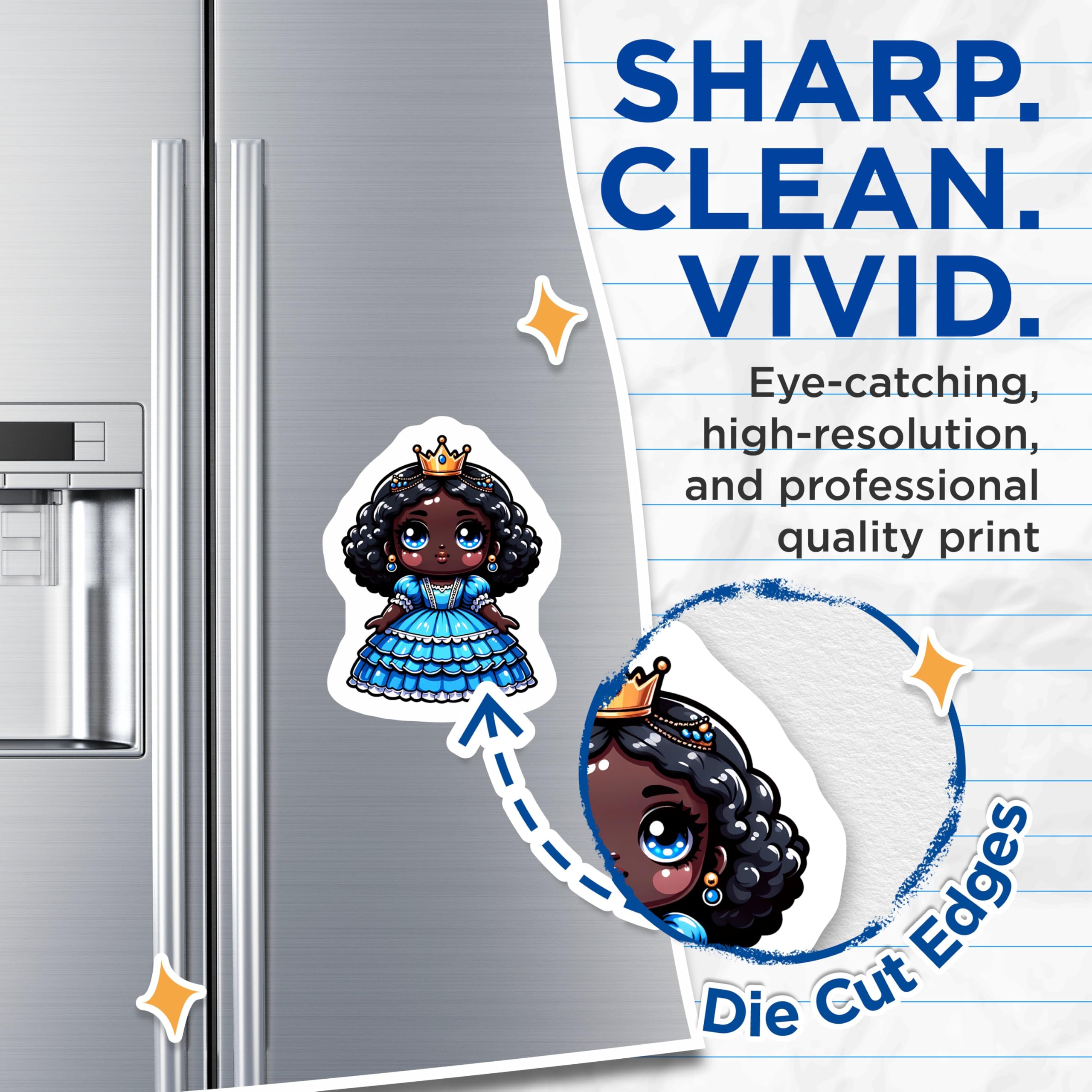 (2 Pack) Cute Black Princess Magnets - African American Royal Girl Decor - Chibi Crowned Queen Art - 5 Inches On Longest Side - Thick Durable Magnet - Made in USA - MAG21504