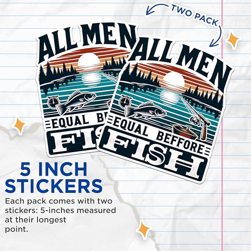 (2 Pack) All Men Equal Before Fish Stickers - Fishing Enthusiast Stickers - Funny Fishing Quote Stickers - 5" On Longest Side - Sticks to Any Smooth Flat Surface - Made in USA - BMCS2631