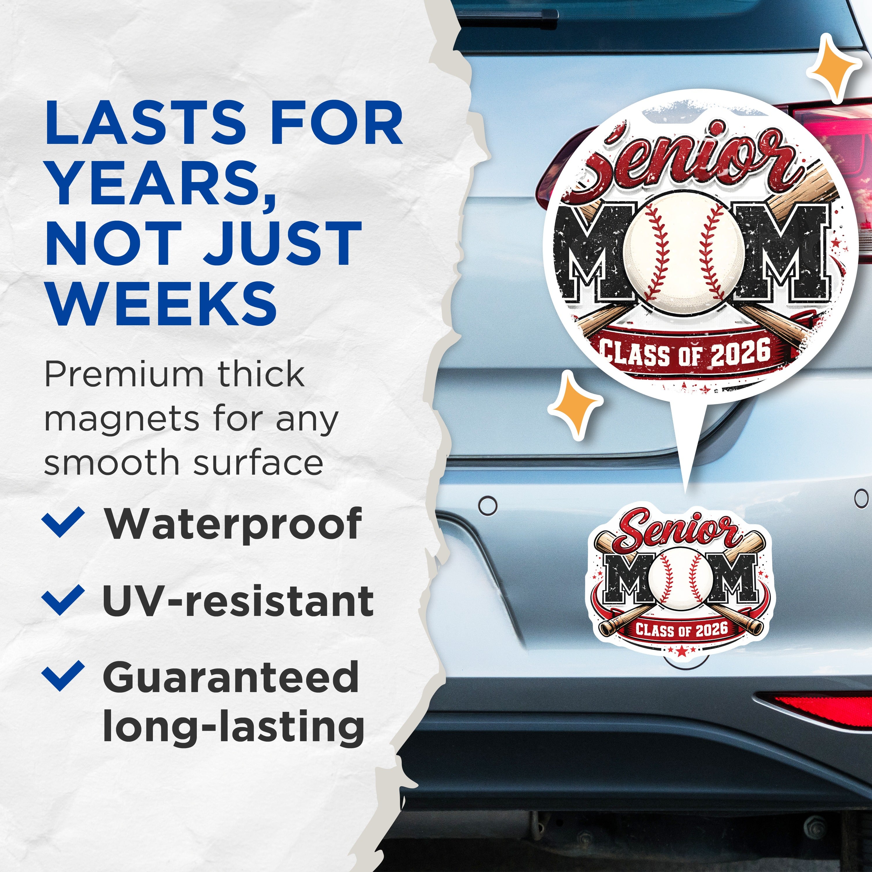 (2 Pack) Senior Mom 2026 Magnets - Baseball Mama Spirit - Graduation Team Pride - 5 Inches On Longest Side - Thick Durable Magnet - Made in USA - MAG38060
