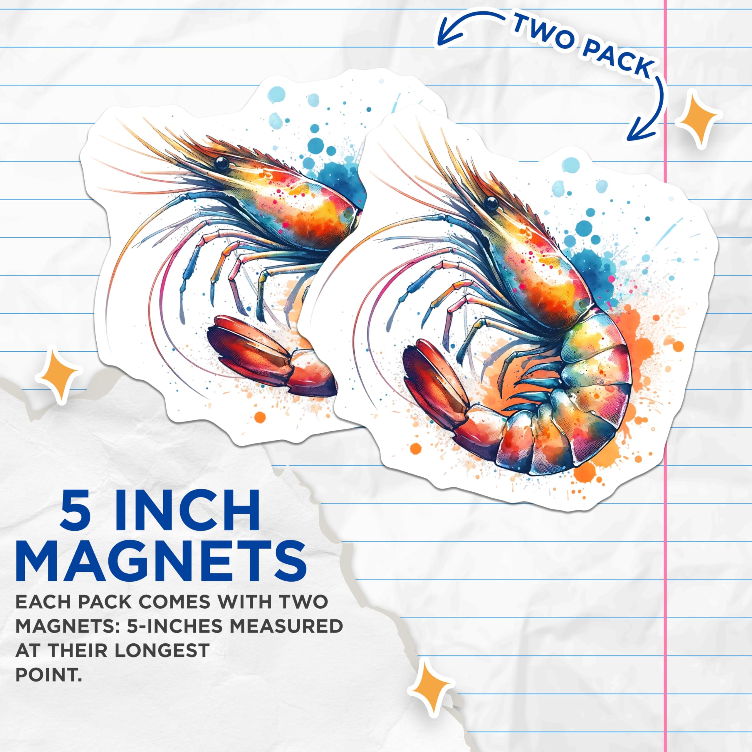 (2 Pack) Watercolor Shrimp Magnets - Seafood Art - Colorful Fridge Magnets - 5" On Longest Side - Premium Magnet - for Cars, Refrigerators, Toolboxes, Lockers - Made in USA - MAG14257