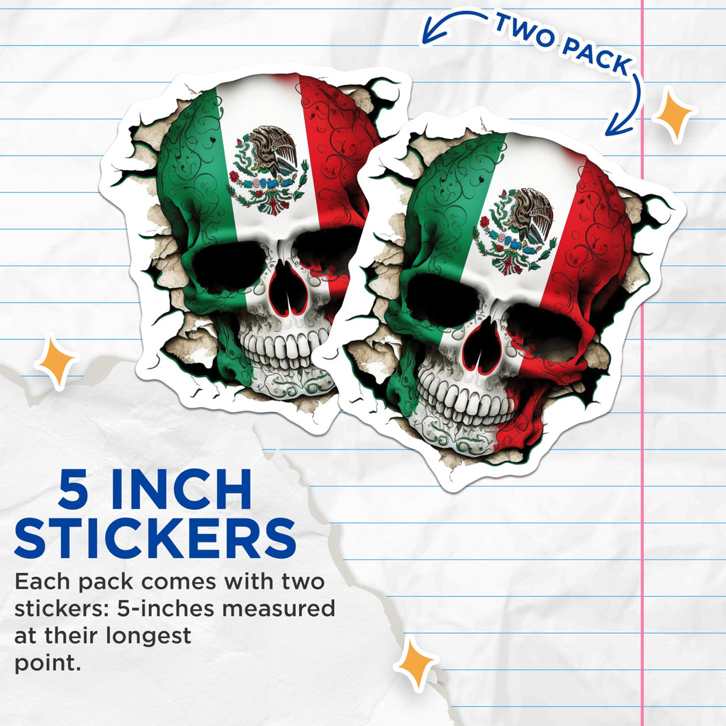 (2 Pack) Mexican Flag Skull Stickers - Day of The Dead Stickers - Mexican Pride Skull Stickers - 5" On Longest Side - Sticks to Smooth Flat Surfaces - Made in USA - BMCS5168