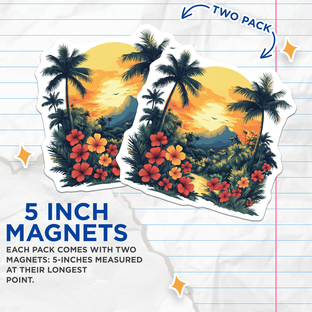 (2 Pack) Tropical Sunset Magnets - Hawaiian Landscape Art - Palm Tree Scene Decor - Island Vacation Vibes - 5 Inches On Longest Side - Thick Durable Magnet - Made in USA - MAG29646