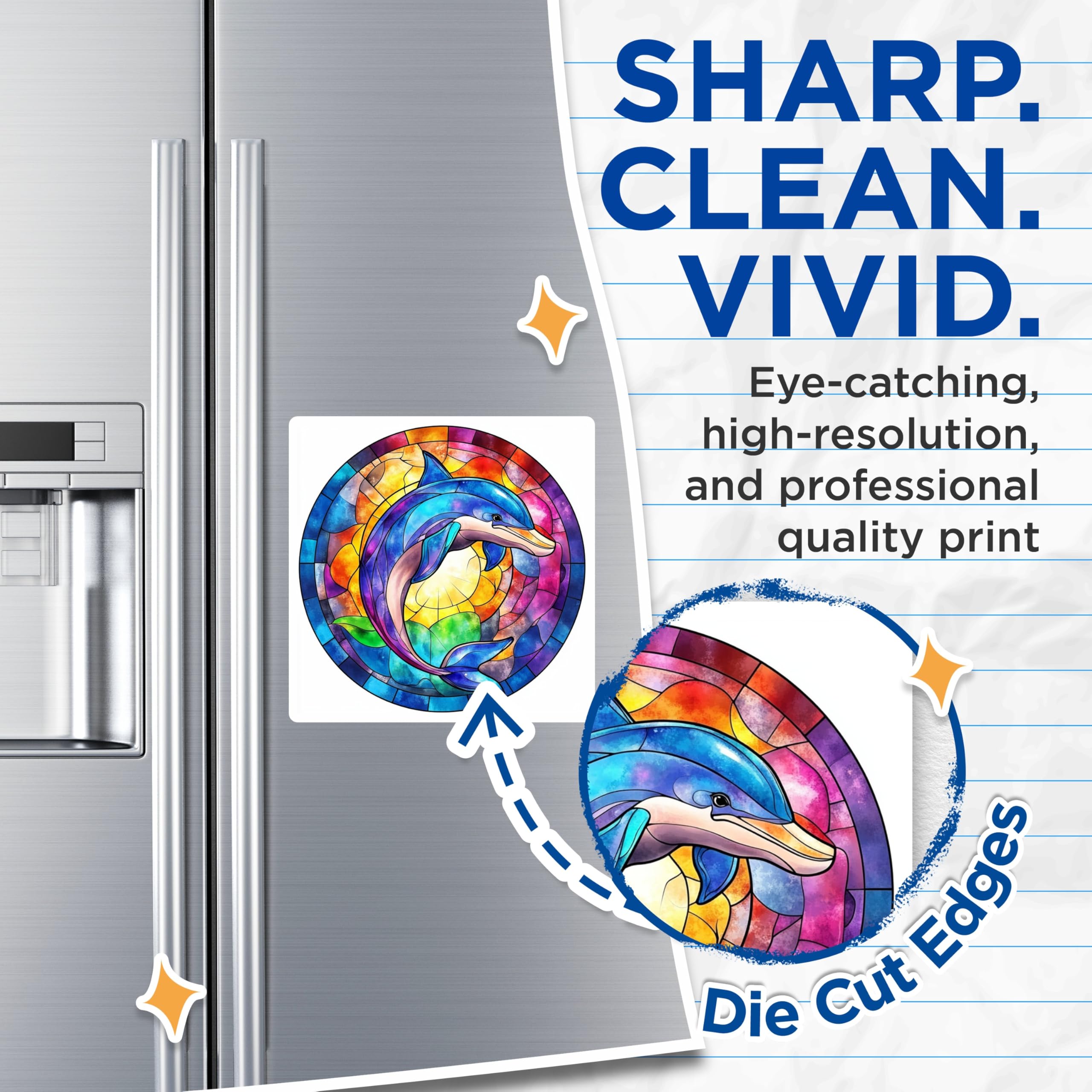 (2 Pack) Stained Glass Dolphin Magnets - Vibrant Ocean Animal Art - Marine Life Decor for Refrigerator - 5 Inches On Longest Side - Thick Durable Magnet - Made in USA - MAG28204