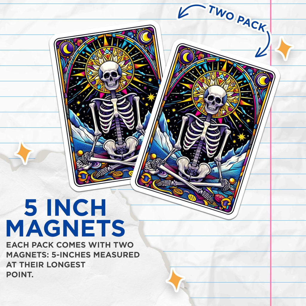 (2 Pack) Psychedelic Skeleton Magnets - Meditating Skull Art - Vibrant Mystical Decor - Stained Glass Mandala Design - 5 Inches On Longest Side - Thick Durable Magnet - Made in USA - MAG21947