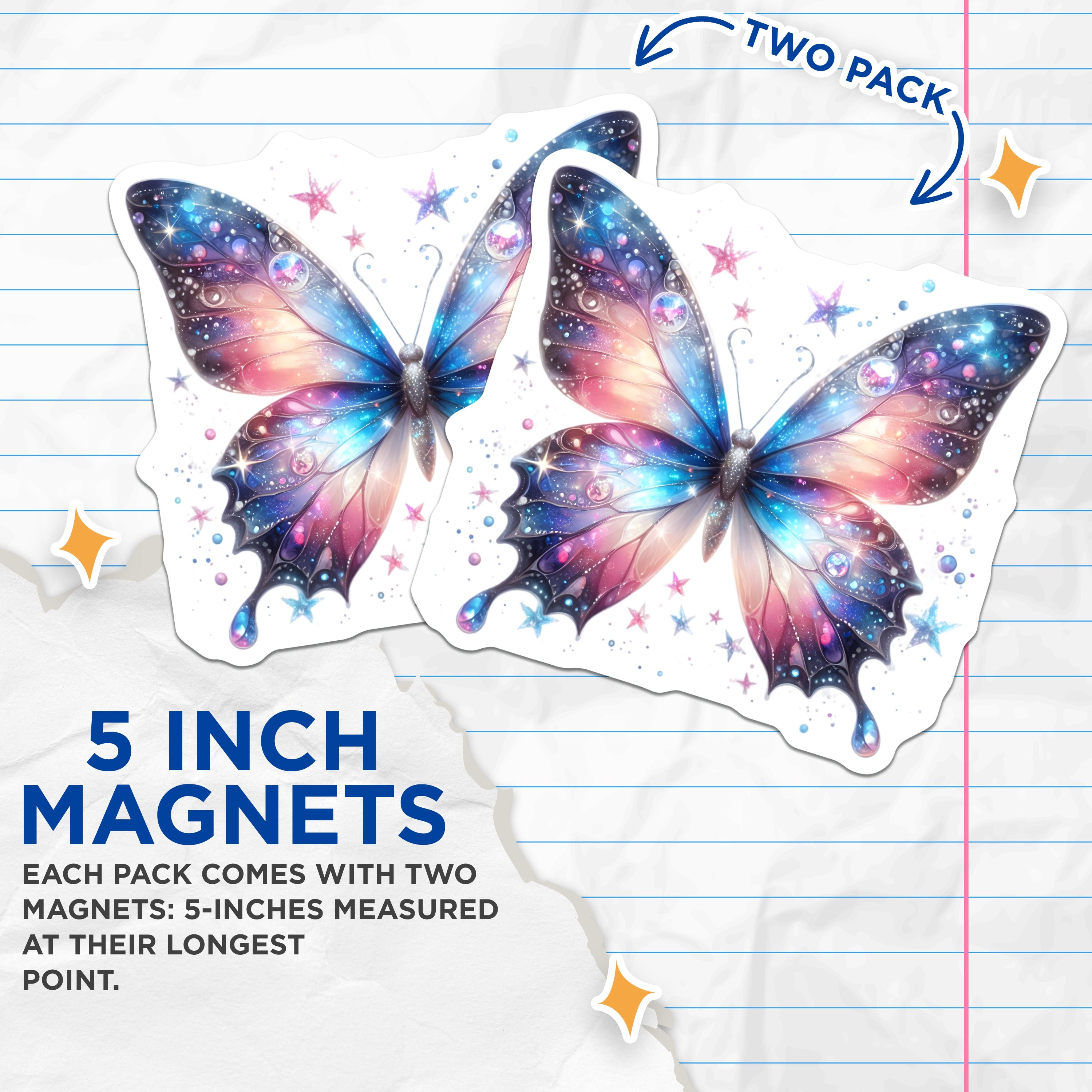 (2 Pack) Galaxy Butterfly Magnets - Celestial Aesthetic - Fairycore Decor - 5 Inches On Longest Side - Thick Durable Magnet - Made in USA - MAG39148