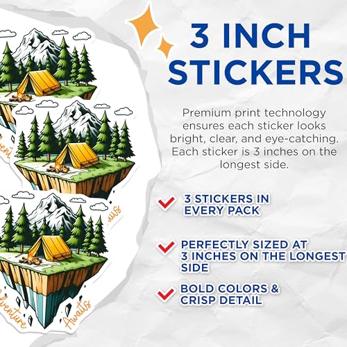 (3 Pack) Camping Decals - Adventure Awaits Stickers - Laptop Decals - 3 Inches On Longest Side - Easy Peel & Apply - Made in USA - 3MCS2048
