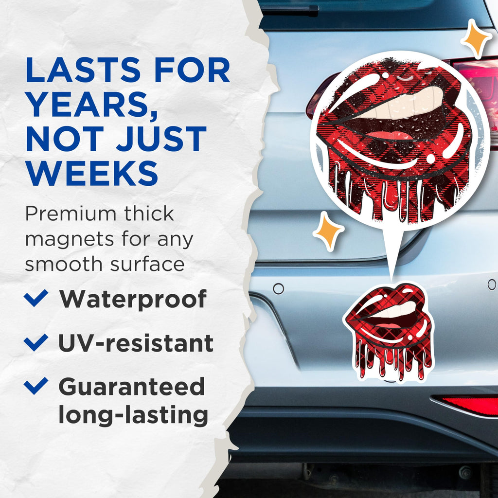 (2 Pack) Red Plaid Lips Magnets - Dripping Mouth Design - Edgy Aesthetic Decor - 5 Inches On Longest Side - Thick Durable Magnet - Made in USA - MAG22211
