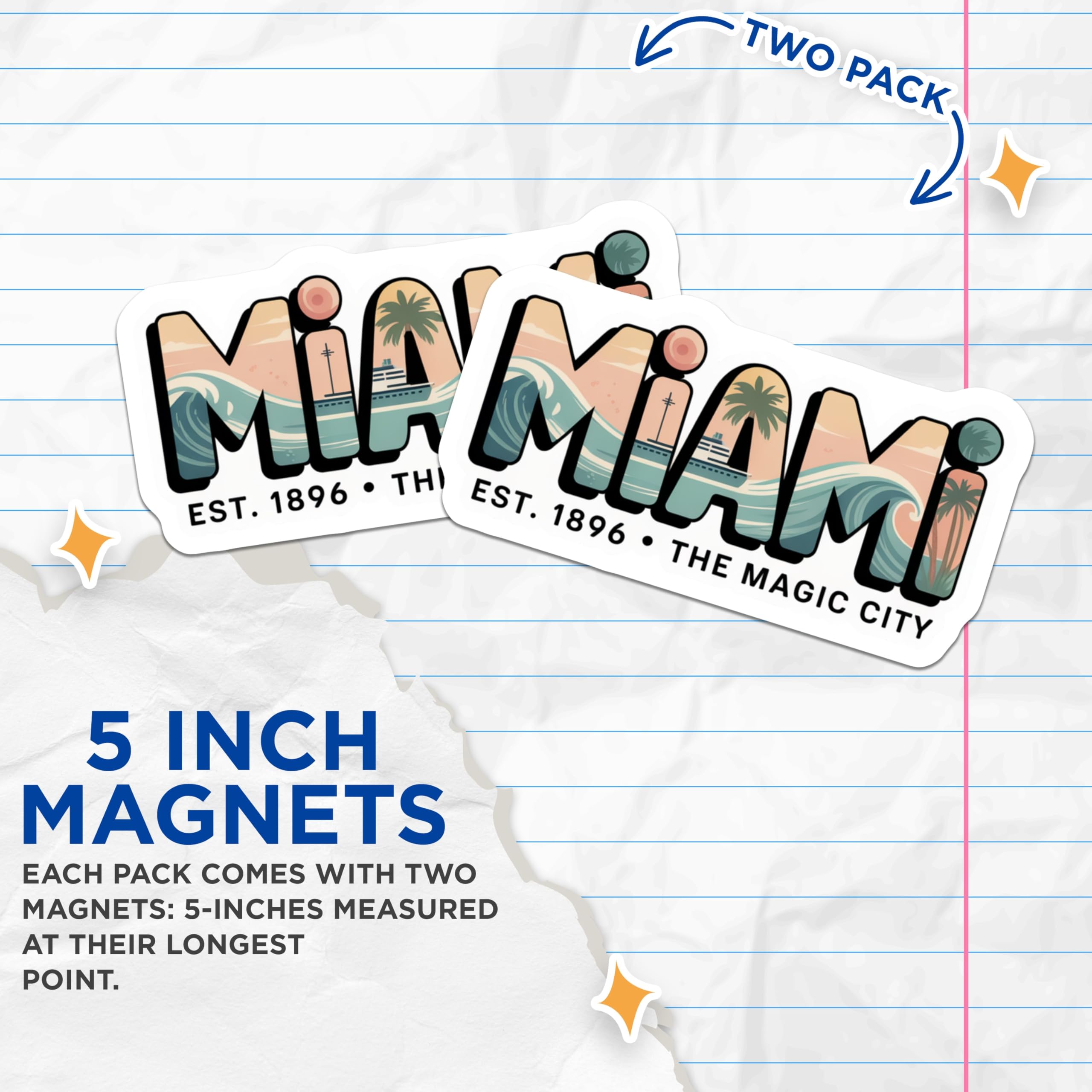 (2 Pack) Miami Magnets - Florida Souvenir - Magic City Fridge Decor - 5" On Longest Side - Premium Magnet - for Cars, Refrigerators, Toolboxes, Lockers - Made in USA - MAG18841