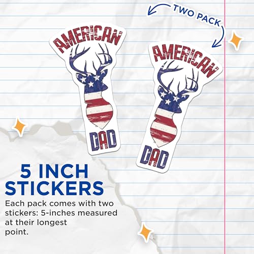 (2 Pack) American Dad Stickers - Patriotic Deer Decal - 5" On Longest Side - Sticks to Smooth Flat Surfaces - Made in USA - BMCS8504 - BMCS8504