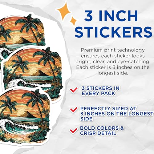 (3 Pack) Tropical Beach Decals - Palm Tree Art - Sunrise Seascape Decals - 3 Inches On Longest Side - Easy Peel & Apply - Made in USA - 3MCS8026