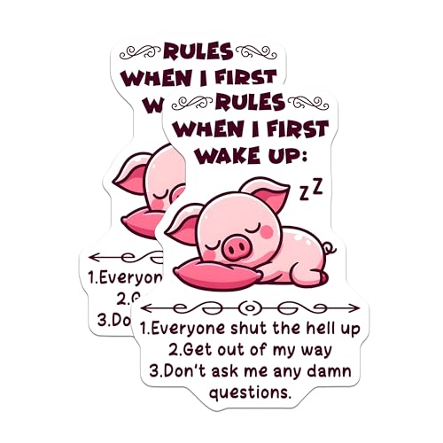 (2 Pack) Funny Pig Stickers - Wake Up Rules Stickers - Humorous Sleep - Animal Quote - 5" On Longest Side - Sticks to Smooth Flat Surfaces - Made in USA - BMCS5664