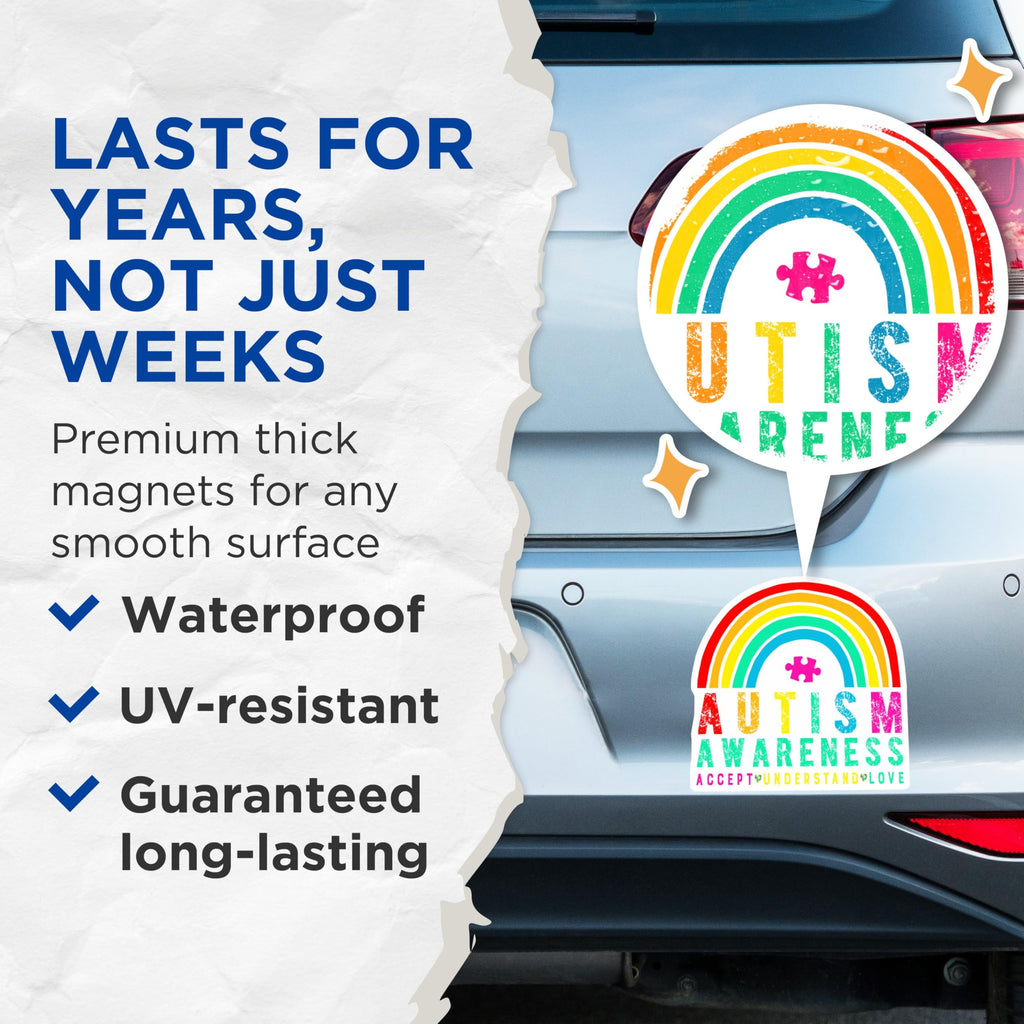 (2 Pack) Autism Awareness Magnets - Accept Understand Love - Rainbow Puzzle Piece Design - 5" On Longest Side - for Cars, Fridges, Toolboxes - Made in USA - MAG3815