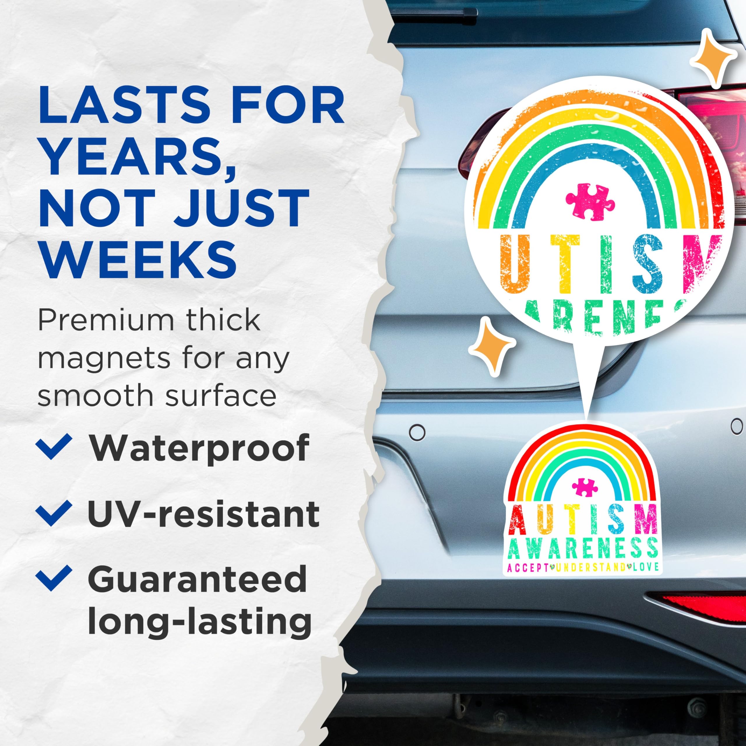 (2 Pack) Autism Awareness Magnets - Accept Understand Love - Rainbow Puzzle Piece Design - 5" On Longest Side - for Cars, Fridges, Toolboxes - Made in USA - MAG3815