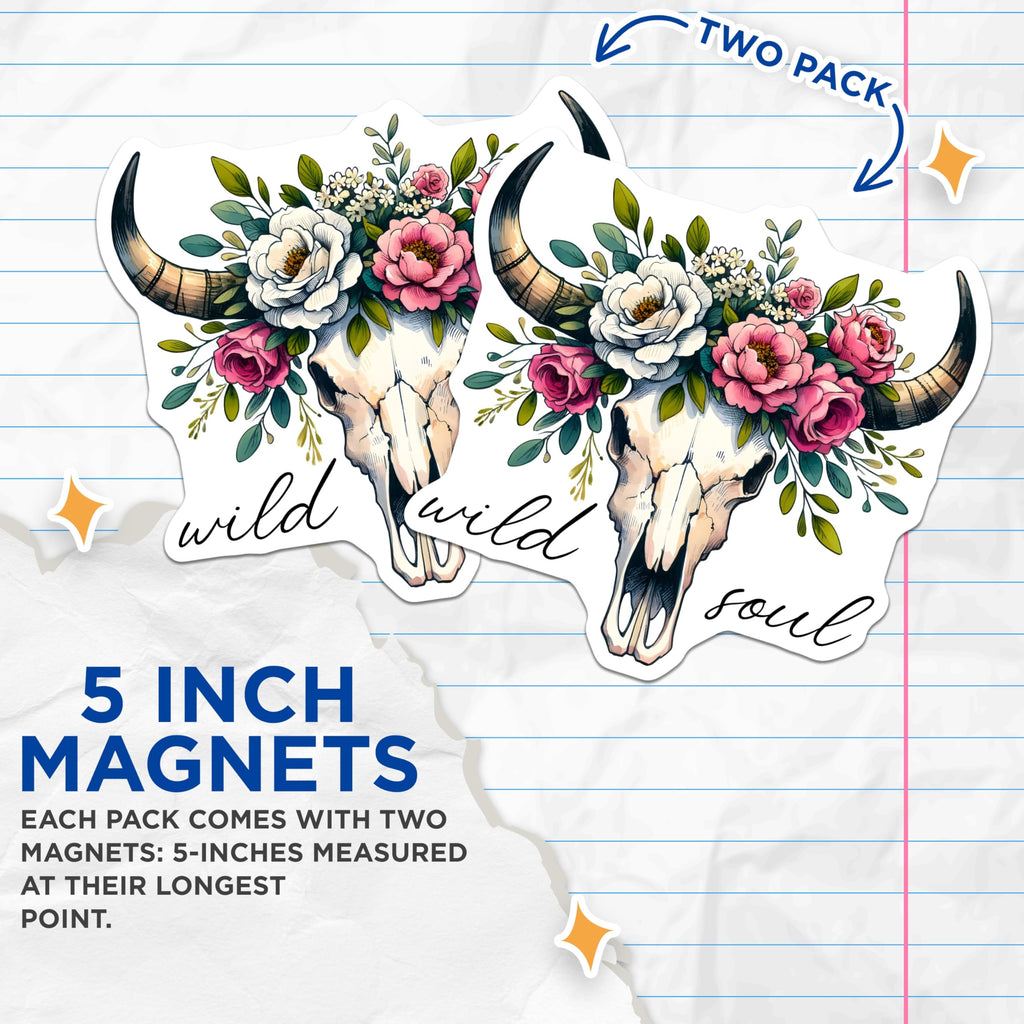 (2 Pack) Bull Skull Magnets - Floral Decor - Wild Soul Accessories - 5" On Longest Side - Premium Magnet - for Cars, Refrigerators, Toolboxes, Lockers - Made in USA - MAG15650