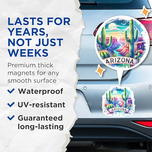 (2 Pack) Arizona Souvenir Magnets - Grand Canyon Decor - Cactus Artwork - 5" On Longest Side - for Cars, Fridges, Toolboxes - Made in USA - MAG6834