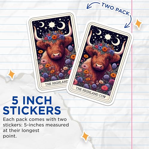 (2 Pack) Highland Cow Stickers - Moon and Stars Cow - Floral Design - Unique Cow - 5" On Longest Side - Sticks to Smooth Flat Surfaces - Made in USA - BMCS5433