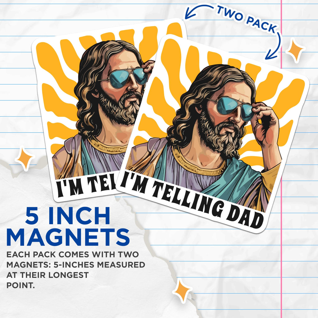 (2 Pack) Im Telling Dad Magnets - Funny Jesus with Sunglasses - Retro Religious Humor - 5 Inches On Longest Side - Thick Durable Magnet - Made in USA - MAG29155