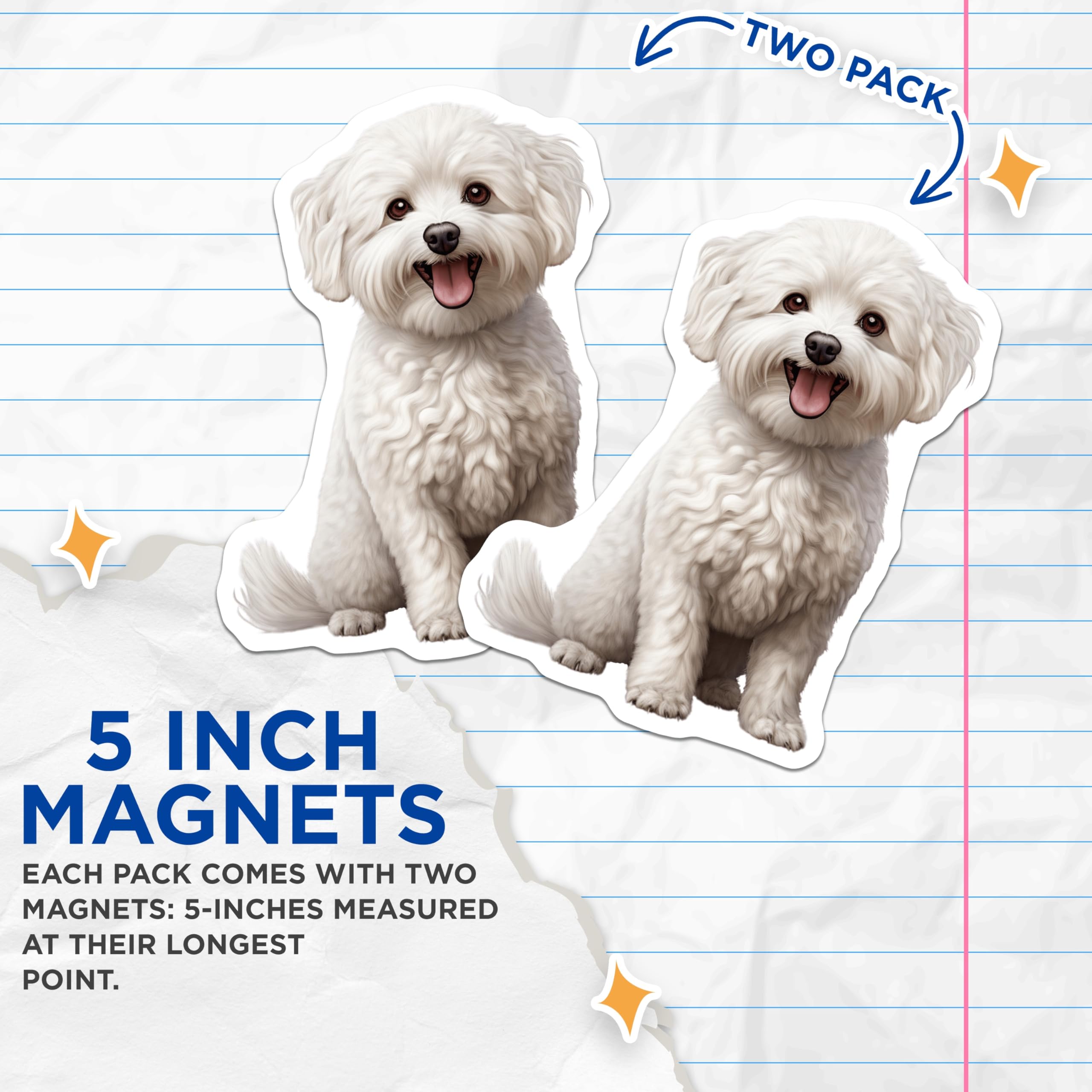 (2 Pack) White Fluffy Dog Magnets - Cute Bichon Frise Maltese Pet Accessory - Animal Lover Refrigerator Decal - 5 Inches On Longest Side - Thick Durable Magnet - Made in USA - MAG29091