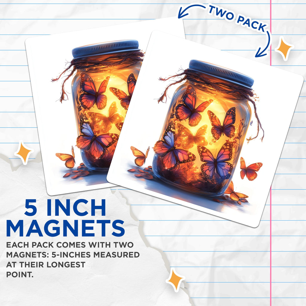 (2 Pack) Glowing Butterfly Magnets - Mason Jar Art Decor - Enchanted Fairy Core Kitchen - Refrigerator Locker - 5 Inches On Longest Side - Thick Durable Magnet - Made in USA - MAG26430