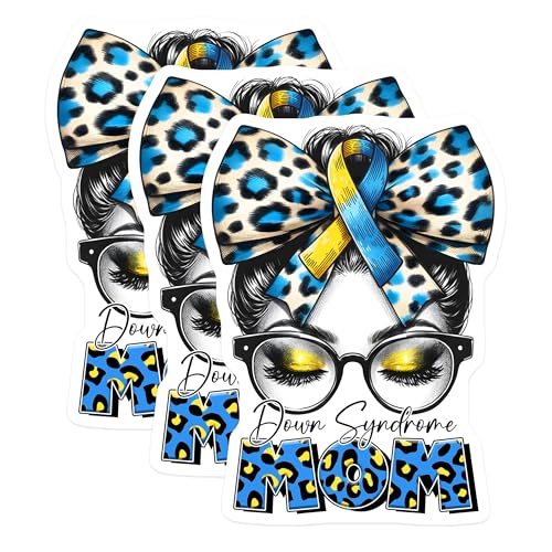 (3 Pack) Down Syndrome Awareness Decals - Mom Decal - Leopard Print Ribbon Decals - 3 Inches On Longest Side - Easy Peel & Apply - Made in USA - 3MCS6958