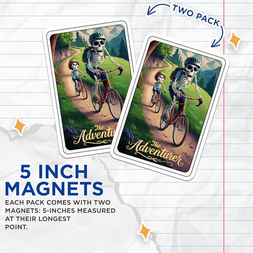 (2 Pack) The Adventurer Magnets - Skeleton Bike Ride - Funny Skeleton Art - Cycling Themed for Home - 5" On Longest Side - for Cars, Fridges, Toolboxes - Made in USA - MAG4440