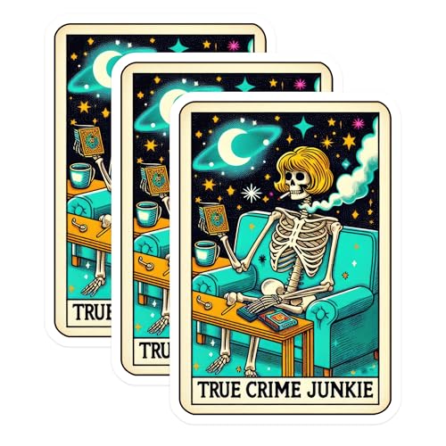 (3 Pack) True Crime Junkie Decals - Skeleton Lover Stickers - Spooky Season Decals - 3 Inches On Longest Side - Easy Peel & Apply - Made in USA - 3MCS4292