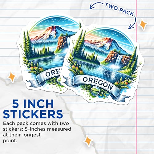(2 Pack) Oregon Nature Adventure Stickers - Mountain Waterfall Scenery - Pacific Northwest Travel - 5" On Longest Side - Sticks to Smooth Flat Surfaces - Made in USA - BMCS6631