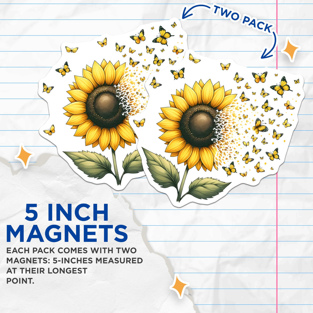 (2 Pack) Sunflower Butterfly Magnets - Nature Inspired Fridge Decor - 5" On Longest Side - for Cars, Fridges, Toolboxes - Made in USA - MAG7978