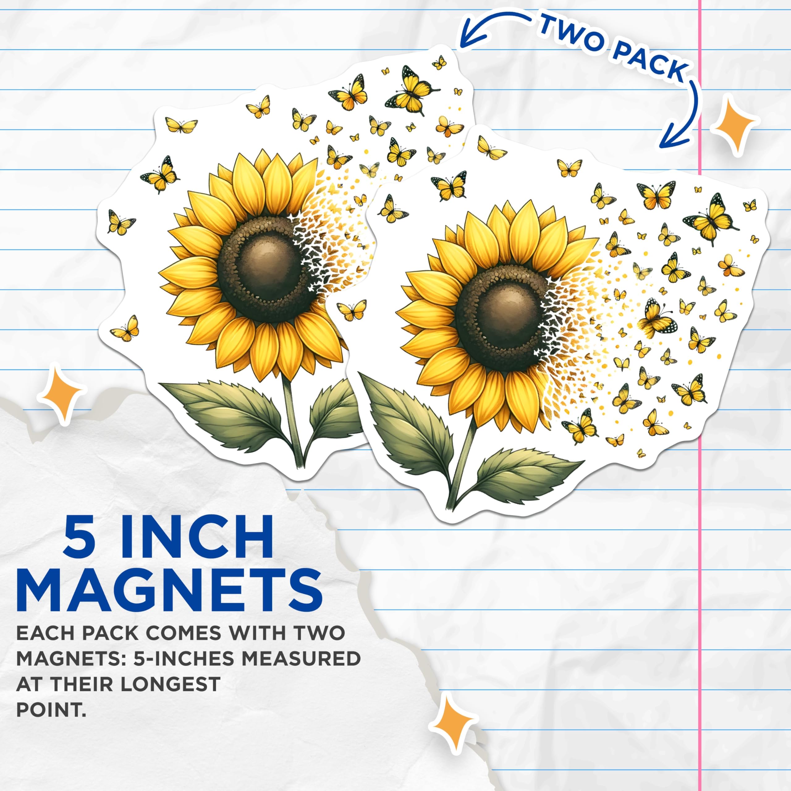 (2 Pack) Sunflower Butterfly Magnets - Nature Inspired Fridge Decor - 5" On Longest Side - for Cars, Fridges, Toolboxes - Made in USA - MAG7978