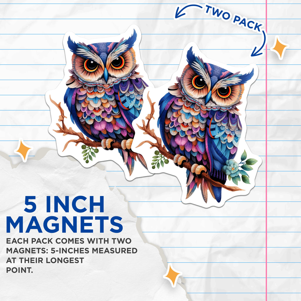 (2 Pack) Bohemian Owl Magnets - Colorful Folk Art Bird - Whimsical Nature Decor - 5 Inches On Longest Side - Thick Durable Magnet - Made in USA - MAG39718