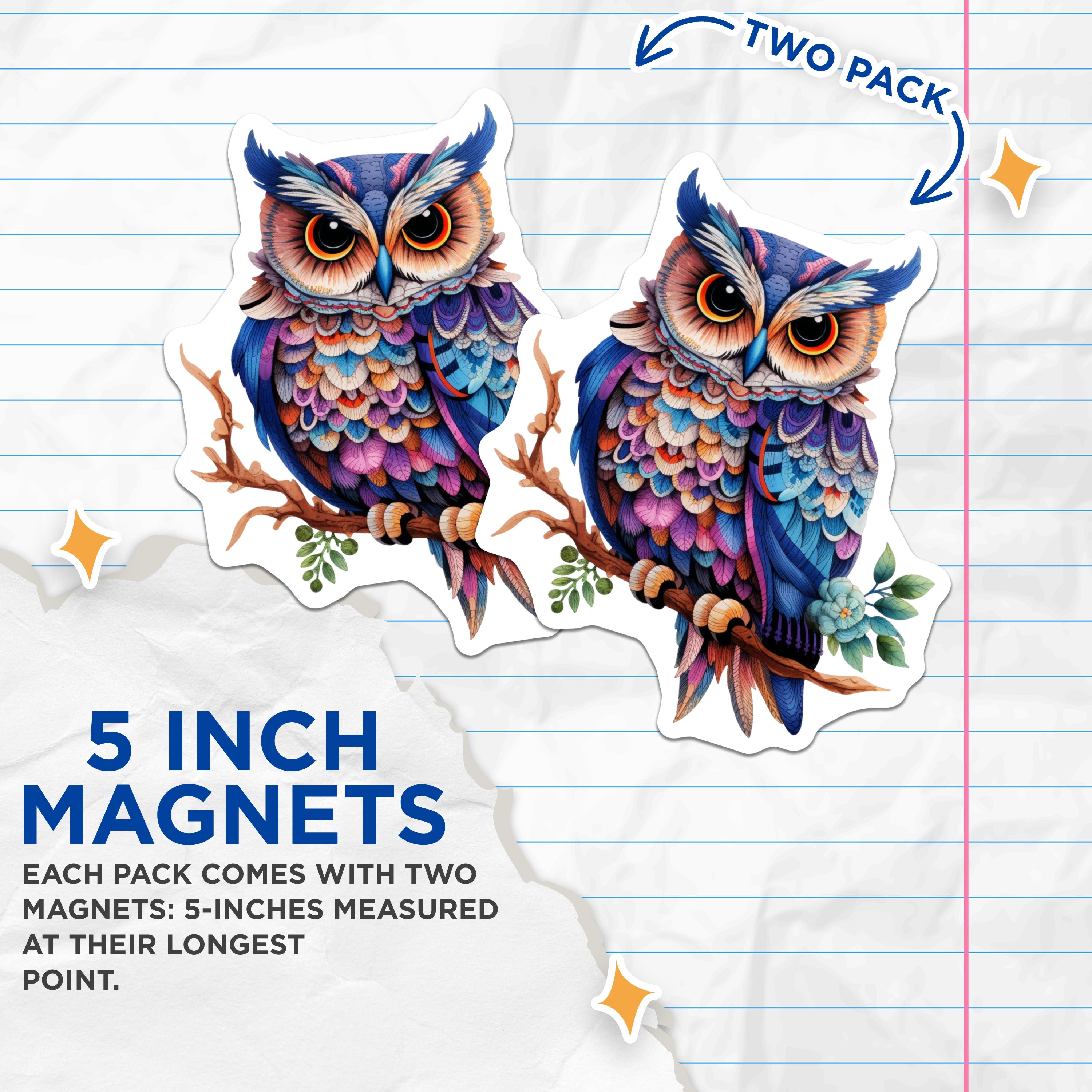 (2 Pack) Bohemian Owl Magnets - Colorful Folk Art Bird - Whimsical Nature Decor - 5 Inches On Longest Side - Thick Durable Magnet - Made in USA - MAG39718