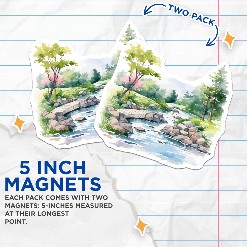 (2 Pack) Watercolor Landscape Magnets - Peaceful River Scene - Tranquil Nature Art - 5 Inches On Longest Side - Thick Durable Magnet - Made in USA - MAG20100