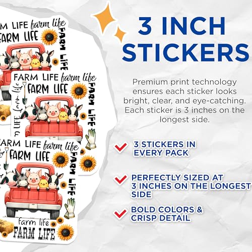 (3 Pack) Farm Life Decals - Farm Animals Truck - Sunflower Decals - 3 Inches On Longest Side - Easy Peel & Apply - Made in USA - 3MCS8432