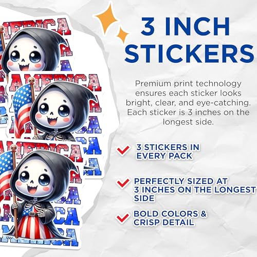 (3 Pack) Grim Reaper USA Flag Decals - Patriotic Laptop Decals - Cute American Stickers - 3 Inches On Longest Side - Easy Peel & Apply - Made in USA - 3MCS6673