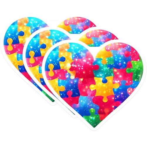 (3 Pack) Autism Awareness Decals - Heart Puzzle Pieces Decal - Laptop Decals - 3 Inches On Longest Side - Easy Peel & Apply - Made in USA - 3MCS6650